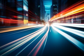 Poster - Colorful streaks of light illuminate a busy city street at night, creating a dynamic urban scene