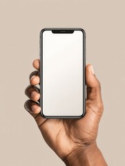 Poster - Hand holding smartphone with blank white screen isolated on neutral transparan background.