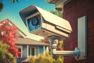 Poster - Modern security camera monitoring residential houses, ensuring safety and protection
