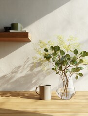 Poster - Minimalist countertop scene for showcasing products. Japanese-inspired branding with a vibrant wooden counter, a verdant counter, and a cozy white wall. A glass vase and a mug are elegantly arranged