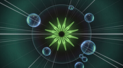 Poster - Abstract Molecular Structure with Bubbles: A captivating abstract composition, a vibrant green central element is the focal point, encircled by a network of lines and delicate bubbles.