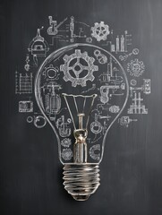 Poster - Creative Chalkboard with Lightbulb and Gear Drawings Representing Innovation and Ideas