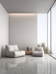 Poster - Minimalist interiors composition in plain colors with a large window, minimal furniture and copy space. Residential interiors design composition for Real Estate.