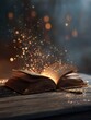 © Johannes - Magic, fantasy and spiritual with book and light on table for fairytale, imagination and night. Ai generated, inspiration and learning with literature and glitter for magical, education and hope