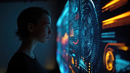Poster - Woman observes illuminated digital display with futuristic data.