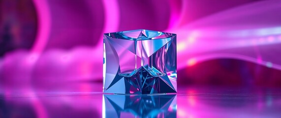 Aufkleber - Clear glass cube shining on reflective surface with purple background lights
