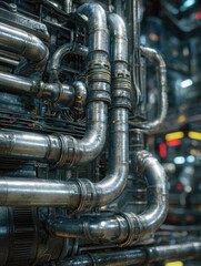 Poster - Close-up of metallic industrial machinery with intricate tubes and connectors in a high-tech environment.