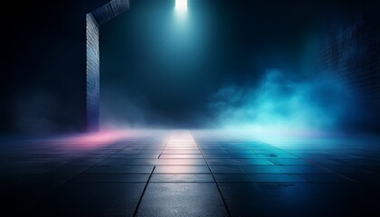 Wall Mural - abstract light in a dark concrete floor with smoke background of empty room street neon light fog