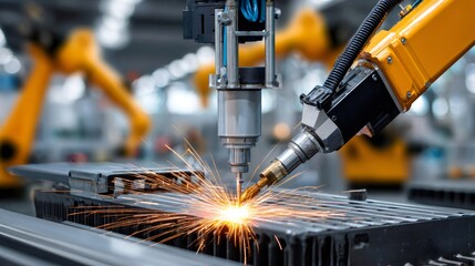 Aufkleber - Smart robot arms performing spot welding on metal part in automotive production line
