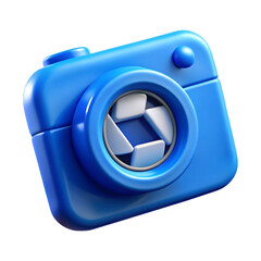 3d rendered blue camera icon on black background for photography and social media concept