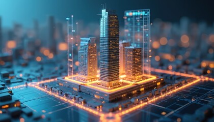 Illustration tech smart city. Futuristic urban development with skyscrapers buildings connected by digital network. Artificial intelligence, automation, innovation in construction, real estate,