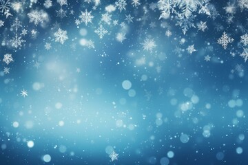 Poster - Snowflakes falling gently against a blurred blue background, creating a magical winter wonderland perfect for holiday projects