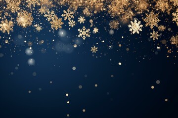 Poster - Golden snowflakes and glitter falling on a dark blue background, creating a festive christmas atmosphere