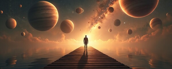 Wall Mural - man stands at pier end against vast planet and star backdrop. space illustration, planets, stars, un