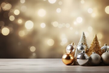 Poster - Elegant christmas still life with decorative trees and baubles on a wooden table against a golden bokeh background, creating a festive and magical atmosphere