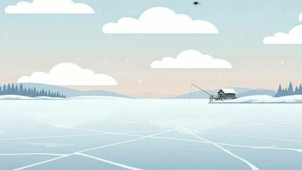 Snowy winter landscape with a small house on a frozen lake birds flying overhead and abstract cloud shapes in the sky