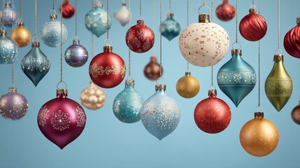 Wall Mural - festive christmas ornaments in various colors, perfect for holiday decoration, on a soft blue backgr