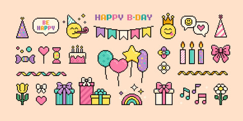 Poster - Pixel art Happy Birthday items and icons collection of present box, gifts, holiday cake, balloons. Birthday party icons in 90's aesthetic. Cute pixel holiday stickers. 8-bit game style icons in vector