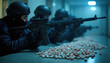 © Maryna - Armed law enforcement agents in tactical gear during drug raid. Agents aim weapons towards pile of pills, evidence of illegal substances seized during criminal investigation. Crime scene indoor shot.