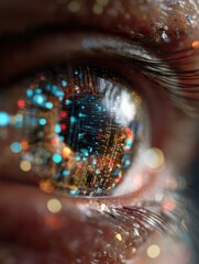 Poster - Close-up of an eye reflecting colorful digital lights, symbolizing technology and futuristic vision.