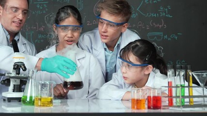 Poster - Girl looking at beaker while doing experiment at blackboard with chemistry theory in STEM class. teacher and group of high school student with mixed races doing science activity together. Edification