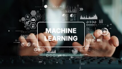 Fototapete - Professional hands typing on keyboard with machine learning graphics, data analysis and technology integration in modern workspace. Asymptotic smart data analytic.