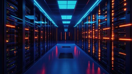 Poster - Futuristic server room with glowing blue and orange lights reflecting on the floor, ideal for cyber tech visuals, data infrastructure, and advanced digital systems