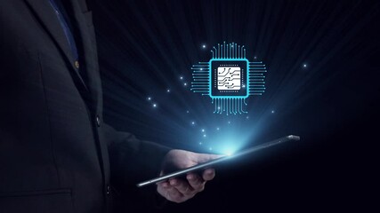 Poster - A businessman holds a tablet showcasing a digital circuit in a dark environment. The abstract design symbolizes innovation and technological advancement in the modern world. Qubit