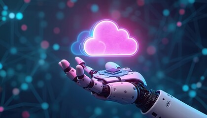 Poster - Robotic hand holds digital cloud, representing cloud computing, data storage. Blue and pink glowing cloud circuit board with data transfer, security. AI technology and innovation concept.