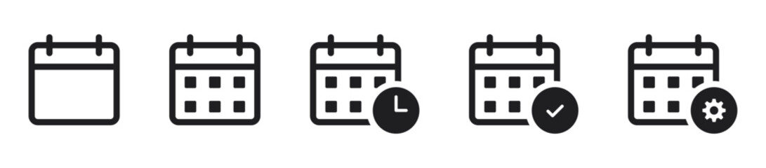 Poster - Flat calendar icon set with date, time, event, reminder symbols and checkmark icon. setting gear, and clock, ideal for scheduling, planning, task and time management