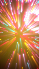 Poster - Radiant explosion of colorful neon light streaks in all directions, vibrant pink, yellow, and blue hues against soft golden background