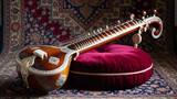 A sitar rests on a maroon cushion, ornate details.
