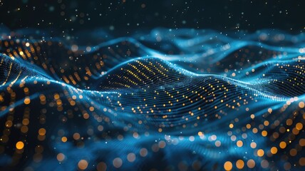 Fototapete - Abstract picture micro light sparkling particle represent data flow vivid flowing wave with high tech background, create digital effect scene perfect for energetic and fantasy wallpaper design. AIG53.