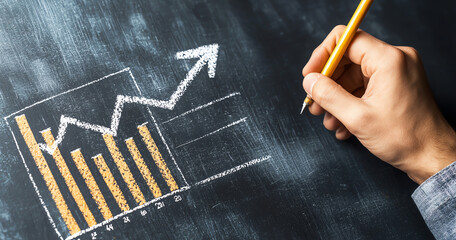 Poster - Hand drawing rising graph with chalk on blackboard, symbolizing growth and success in business or finance. upward trend evokes sense of optimism and achievement