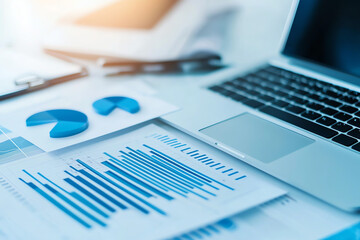 Poster - Modern financial and business background featuring charts, graphs, and laptop. workspace is organized with documents and tablet, conveying professional atmosphere