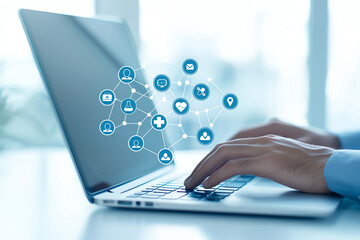 Poster - Person typing on laptop with digital icons representing communication, health, and location services, conveying sense of connectivity and modern technology