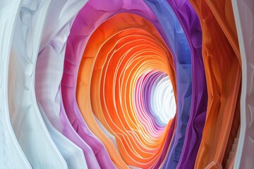 Fototapete - 3D tunnel with layered curves in pastel tones. Abstract interior design concept. Background image of overlapping geometric shape or circle portal or door with vibrant orange and purple. AIG51.