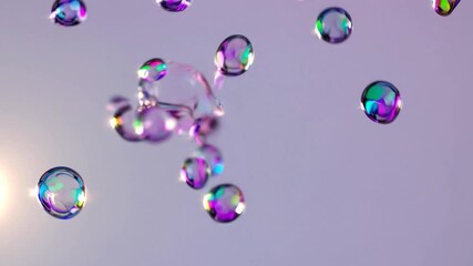 Poster - Colorful soap bubbles float gently against a light purple backdrop, their iridescent surfaces shimmering with a mesmerizing array of colors