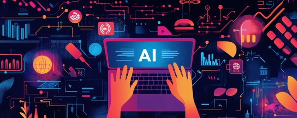 Poster - Futuristic scene of artificial intelligence concepts visualized on a glowing laptop screen