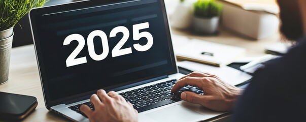 Poster - Person working on laptop displaying the year 2025 in professional environment
