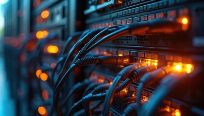 Poster - Server rack with blinking lights, network cables. Illustrates reliable hardware, modern data storage, cloud computing. Data center tech, communication, high-speed transfer.