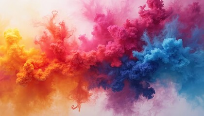 Poster - Colorful ink water liquid splash with generative AI. Paint clouds, smoke, yellow, orange, red, pink, blue colors. Abstract design art, flowing fluid motion creates dynamic element. Ideal for creative