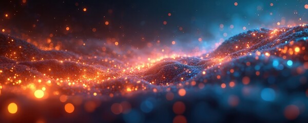 Leinwandbilder - Abstract digital landscape with glowing orange blue lights. Futuristic network data flow, global connection, cyberspace, modern design. Digital art background with energy power vibes.