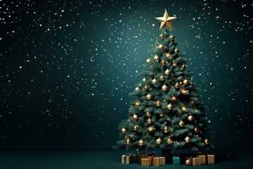 Poster - Decorated christmas tree with golden baubles and presents underneath, falling snow against a dark green background creates a festive atmosphere