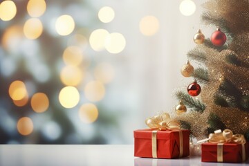 Poster - Decorated christmas tree with wrapped presents under it on a table against fairy lights bokeh background