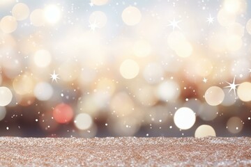 Poster - Festive christmas background featuring a sparkling glitter surface with falling snow and soft, warm bokeh lights, creating a magical and celebratory atmosphere