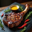 © Maryna - Grilled tomahawk steak served with mustard, herbs and chili peppers. Delicious juicy meat with bone on black stone plate. Culinary art photo of pro cooking dish.