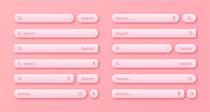 Colorful 3d search bar templates. Internet browser engine with search box, address bar and text field. UI design, website interface element with web icons and push button. Vector illustration