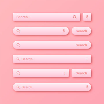 Colorful 3d search bar templates. Internet browser engine with search box, address bar and text field. UI design, website interface element with web icons and push button. Vector illustration