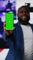 Poster - Vertical Video Digital world showing black user navigating visualized data and mockup, apps and social networks with mobile technology. Man showcasing influencer culture and global engagement. Camera